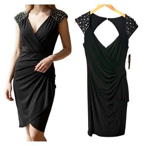 Maggy London Black Beaded-Cap Sleeve Faux-Wrap Midi Dress